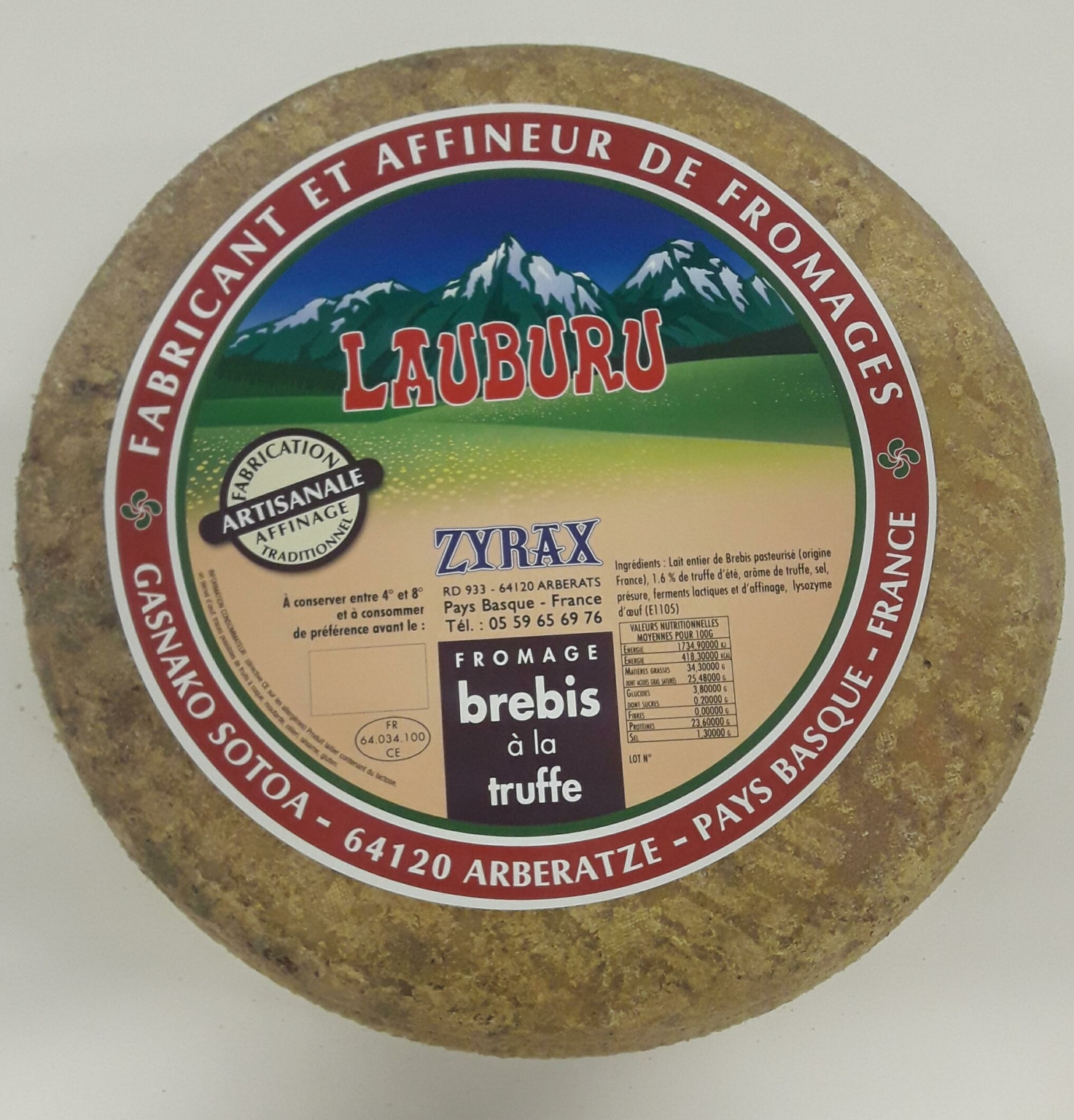 Tomme de Brebis à la truffe Lauburu Zyrax fromage artisanale www.luxfood-shop.fr