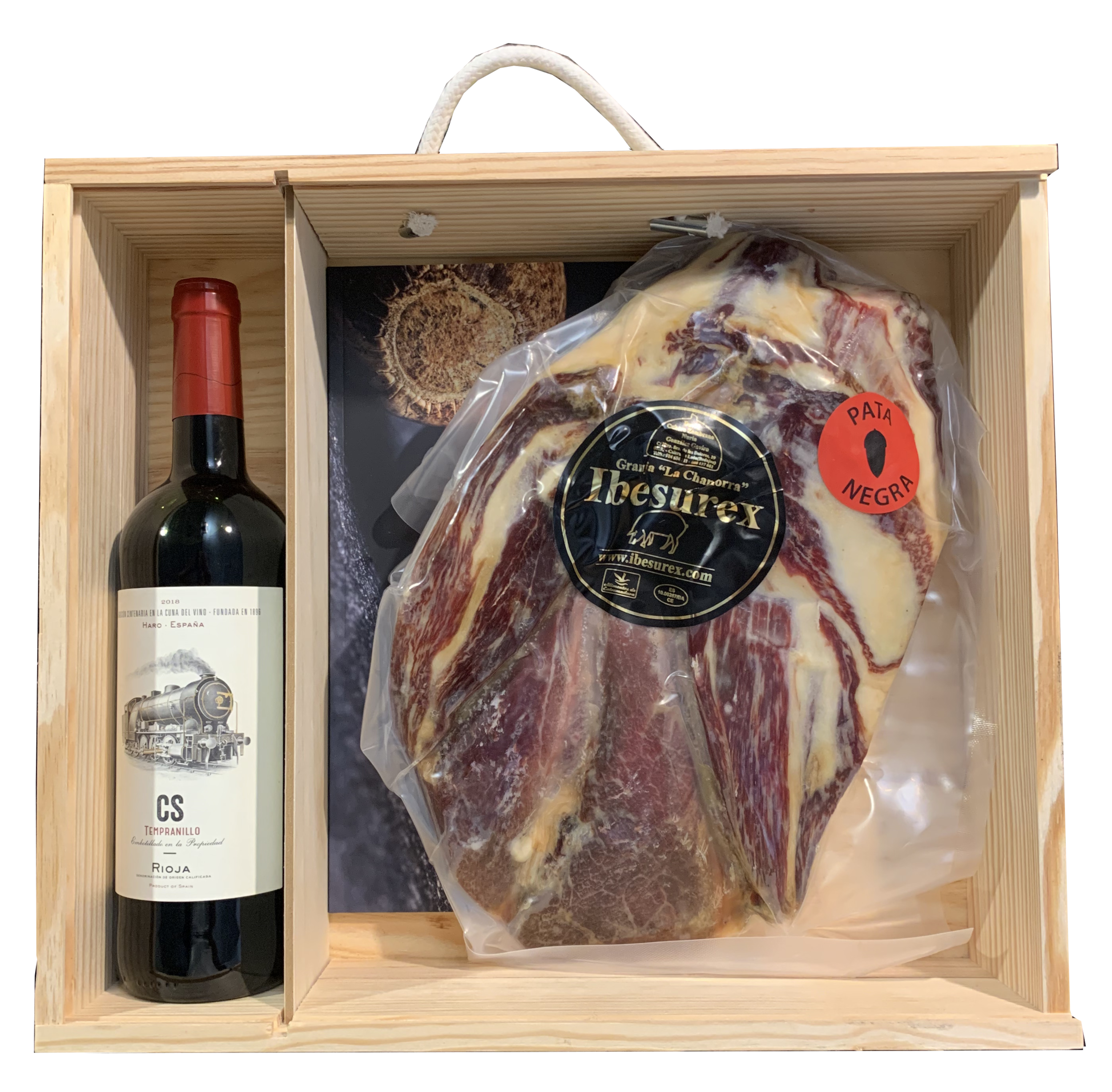 COFFRET EPAULE PATA NEGRA avec bouteille de vin Rioja