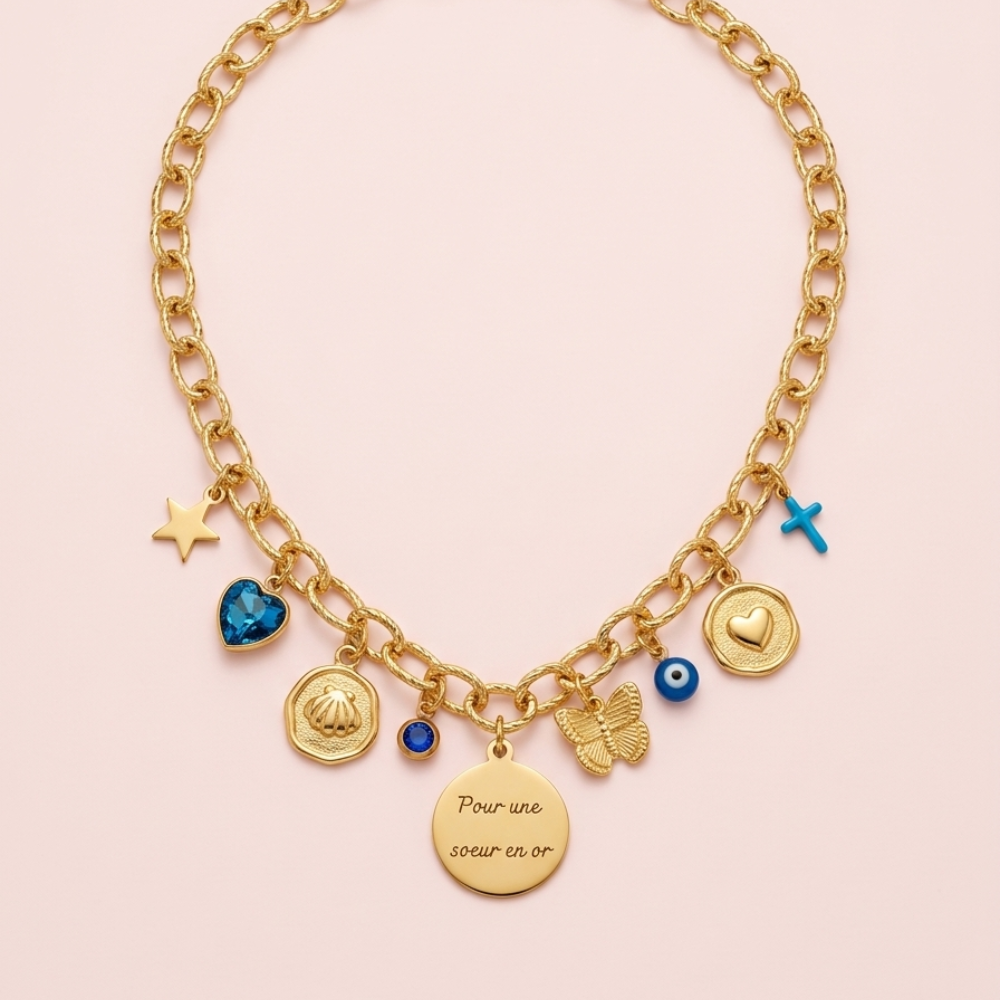 Collier charms médaille gravée