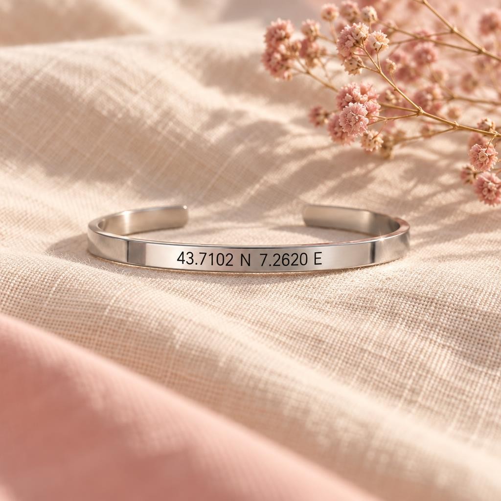 Bracelet jonc argenté gravé de coordonnées GPS posé sur un lin crème