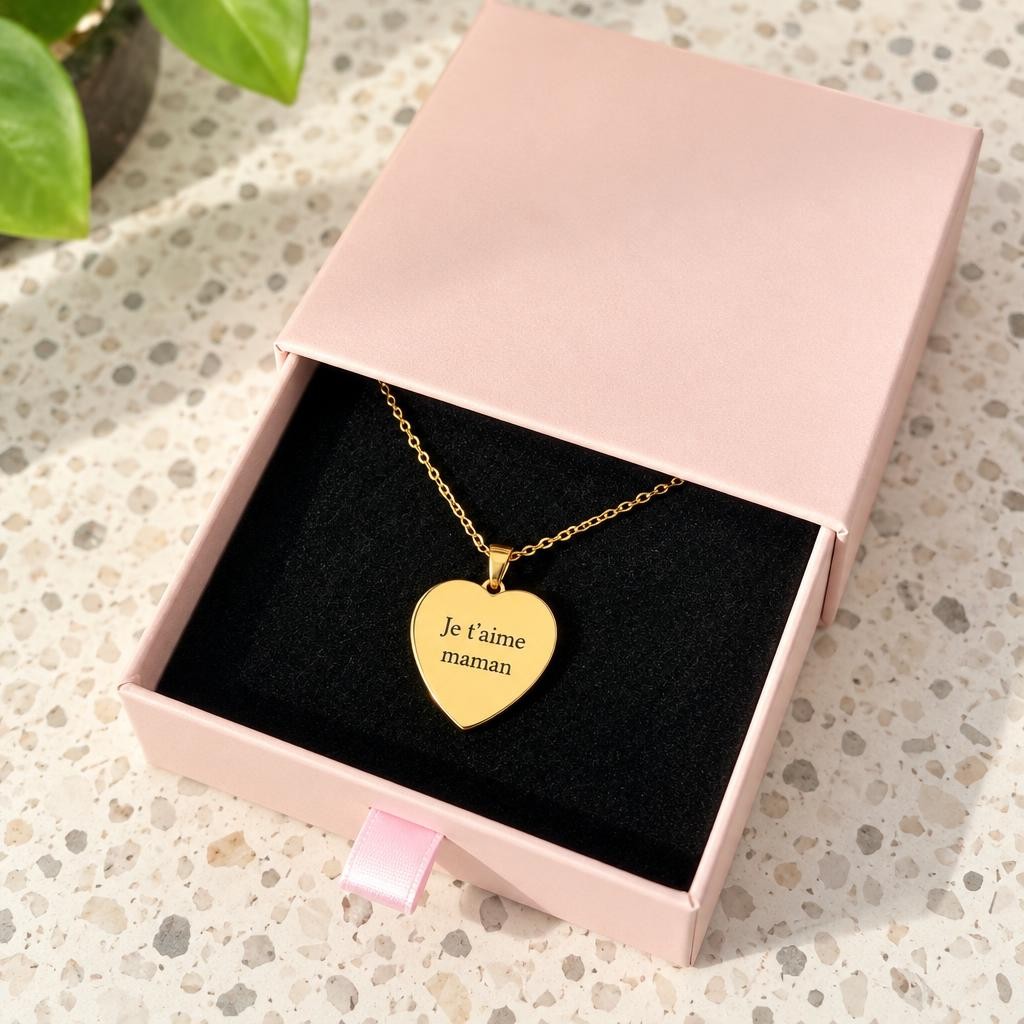 Boîte cadeau rose à tiroir ouvert, collier coeur doré gravé Je taime maman sur velours noir