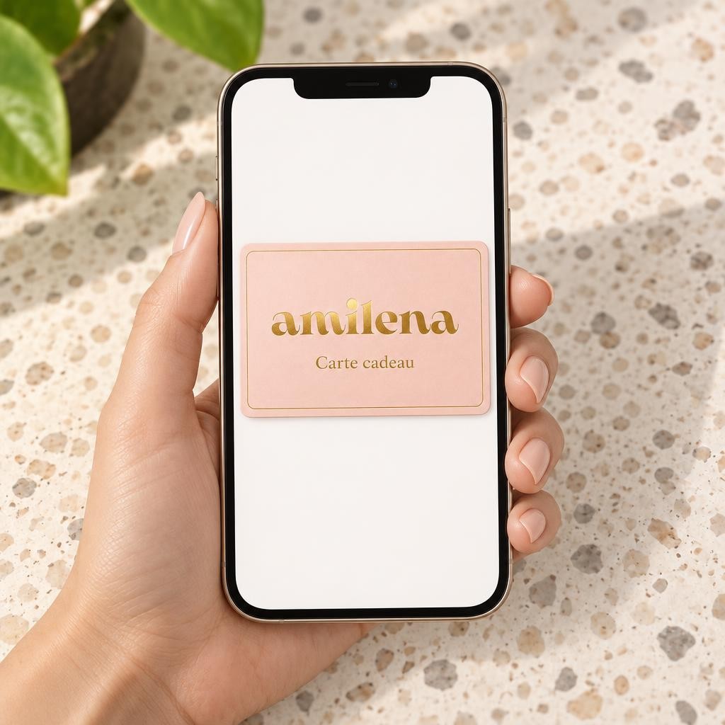 Carte cadeau Amilena digitale affichée sur un smartphone tenu en main