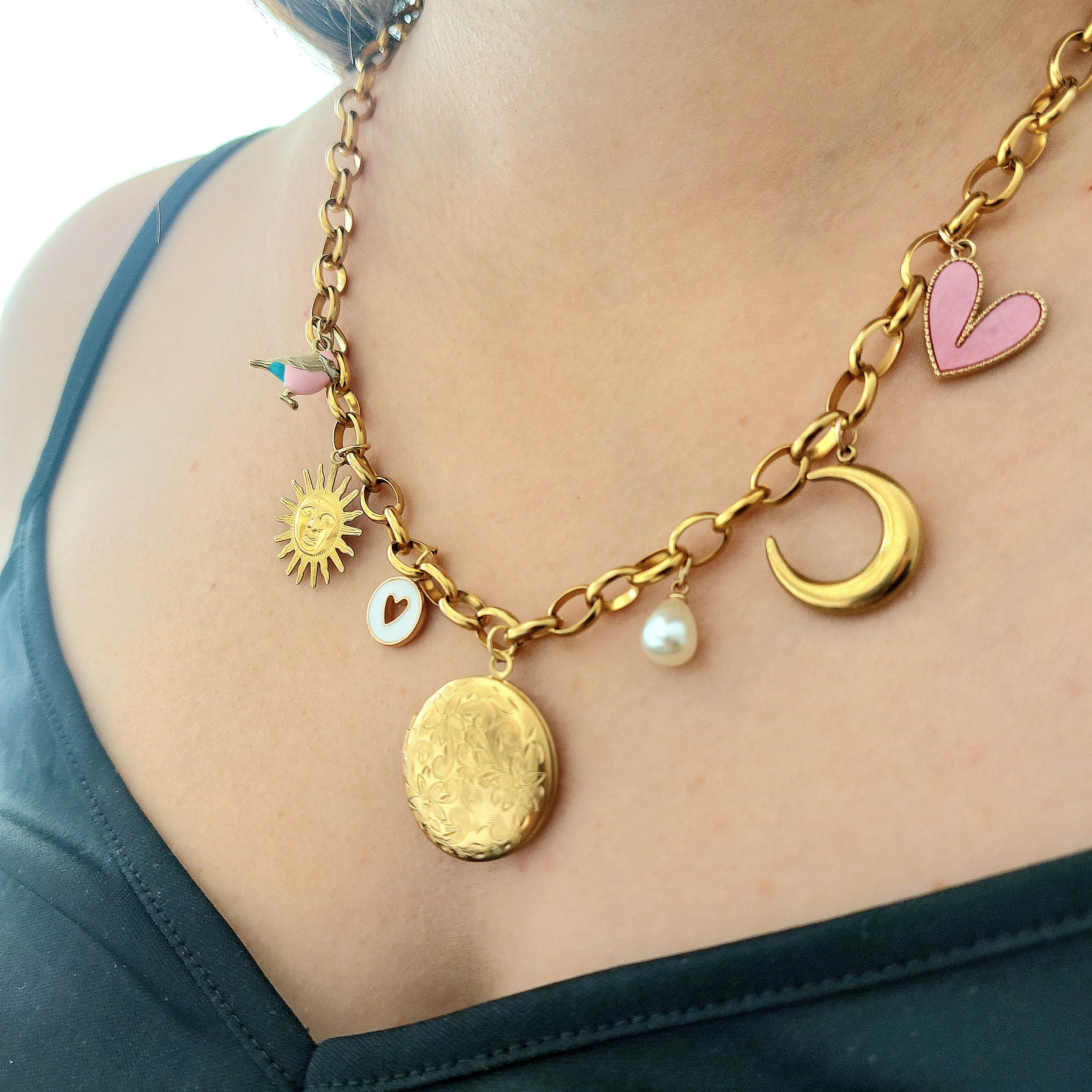 Collier Chloé - Charms rose et blanc bohème - Médaillon personnalisable