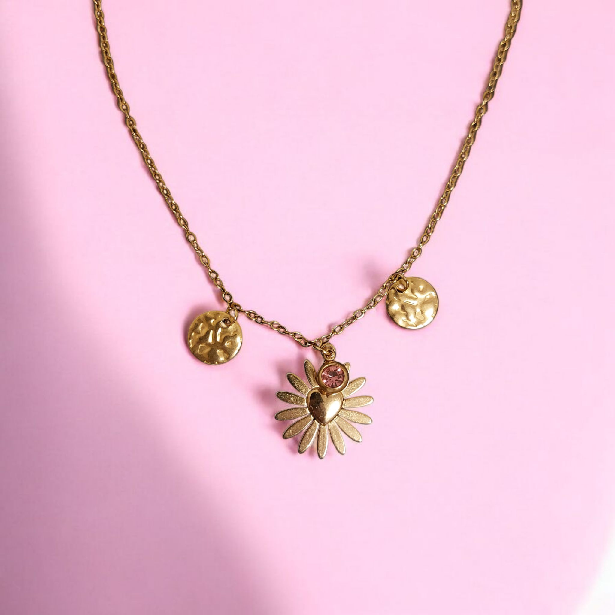 Collier en acier inoxydable - Charms plaques dorées, fleur