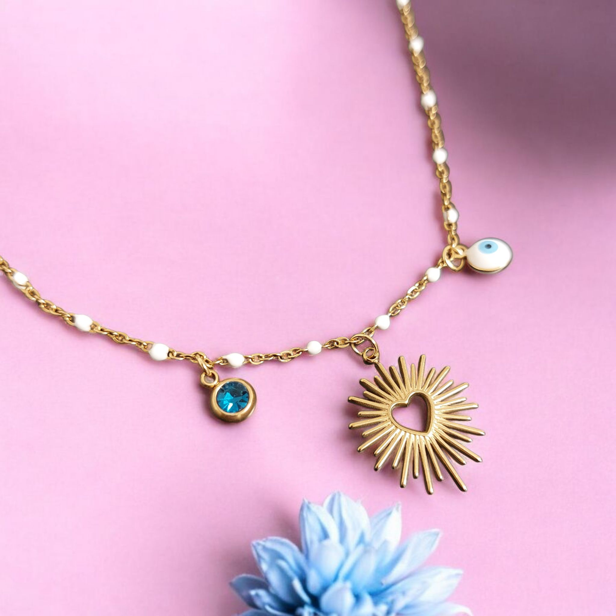 Collier en acier inoxydable - Charms diamant bleu, soleil