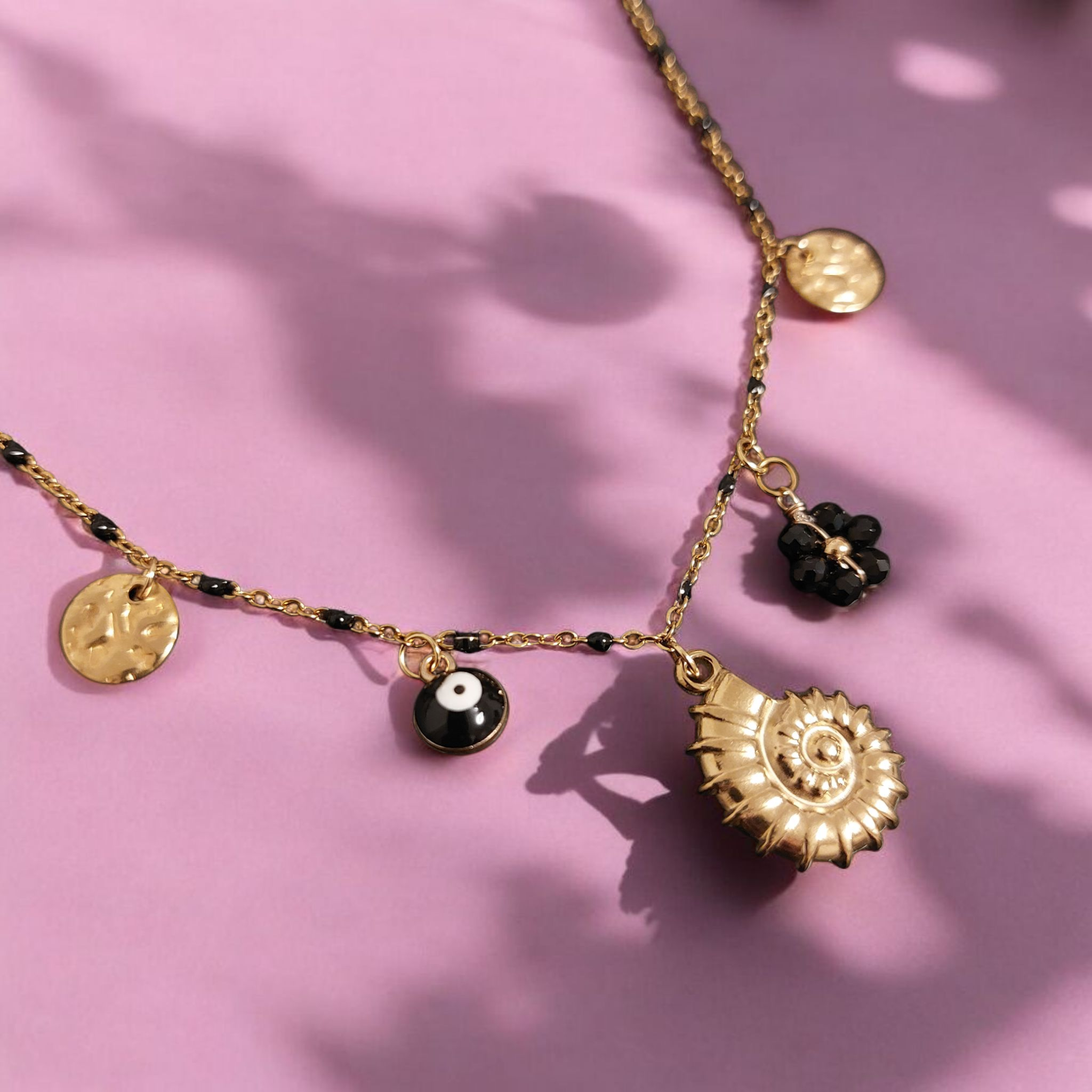 Collier en acier inoxydable - Charms plaques dorées, œil noir, fleur