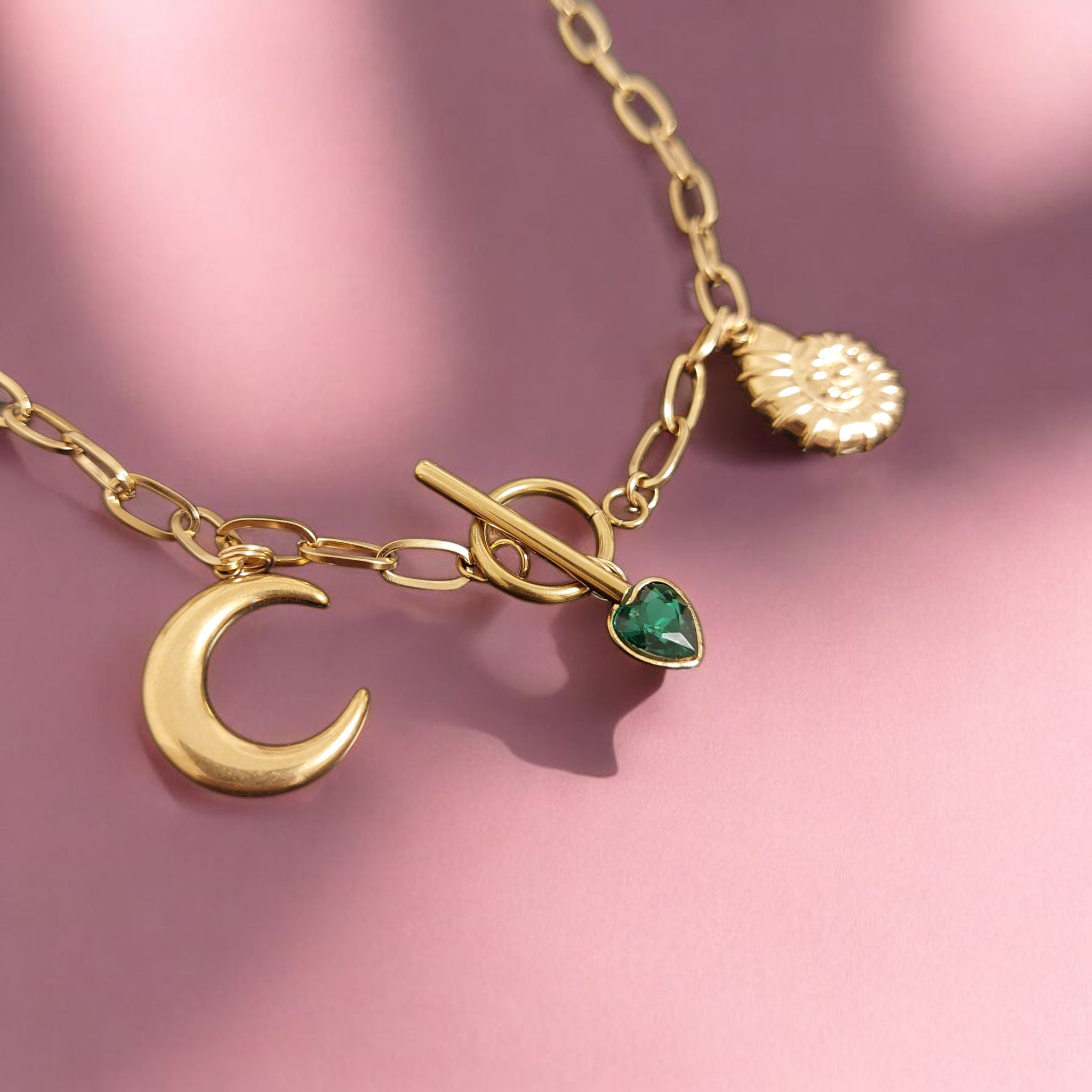 Collier en acier inoxydable - Charms lune, cœur vert