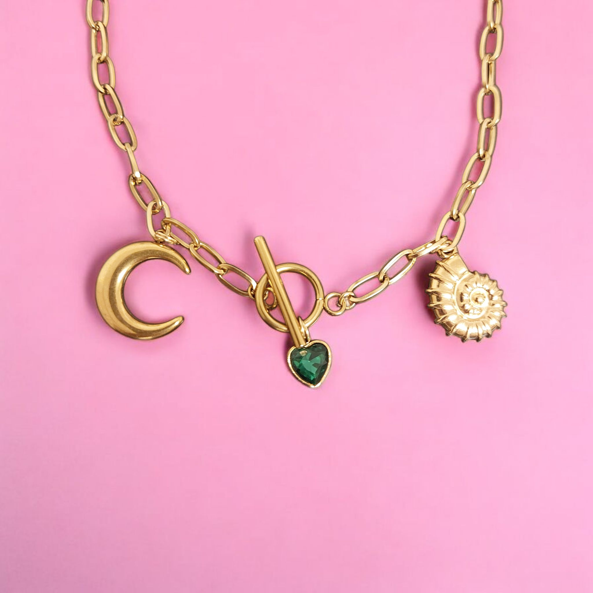 Collier en acier inoxydable - Charms lune, cœur vert