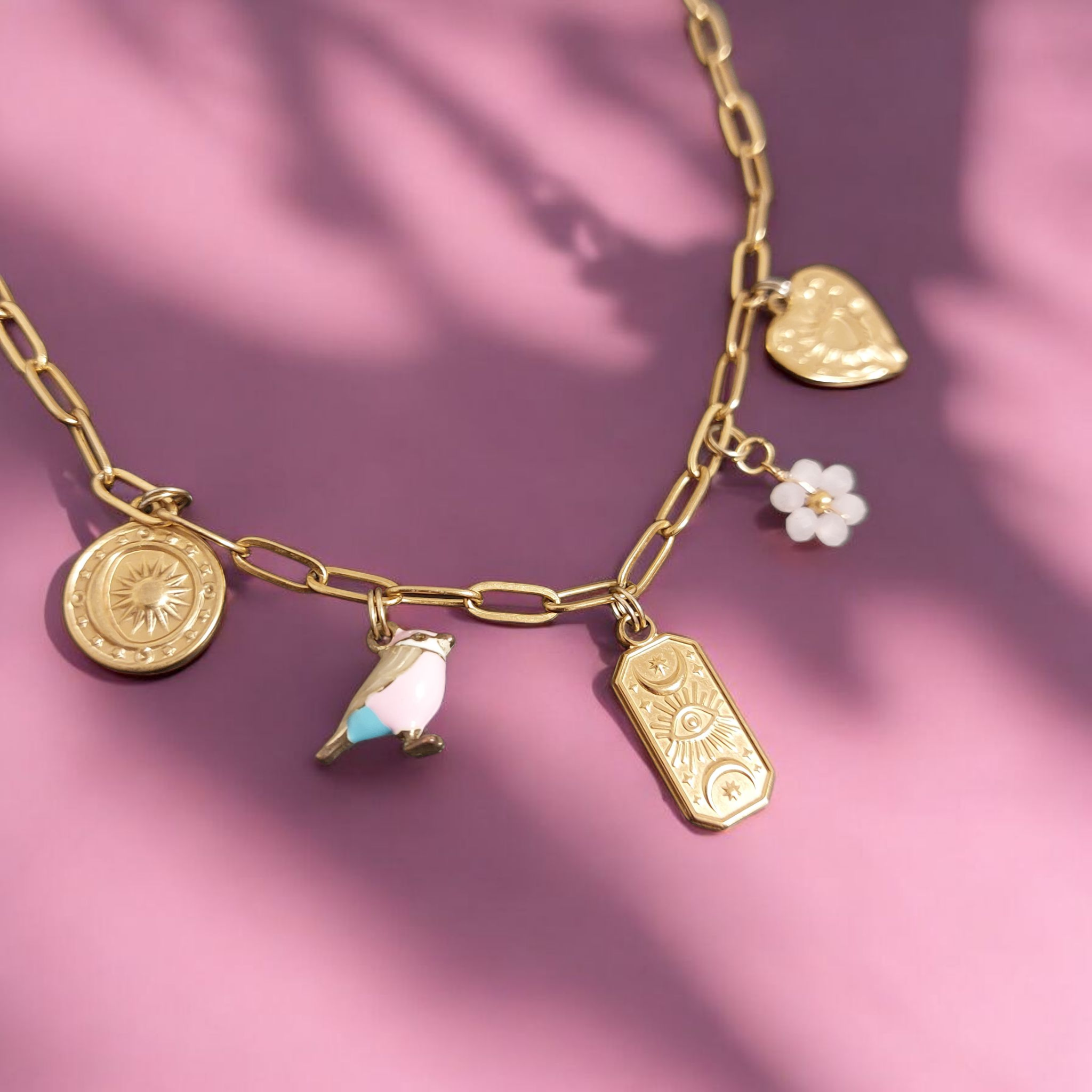 Collier en acier inoxydable - Charms soleil doré, oiseau rose, œil