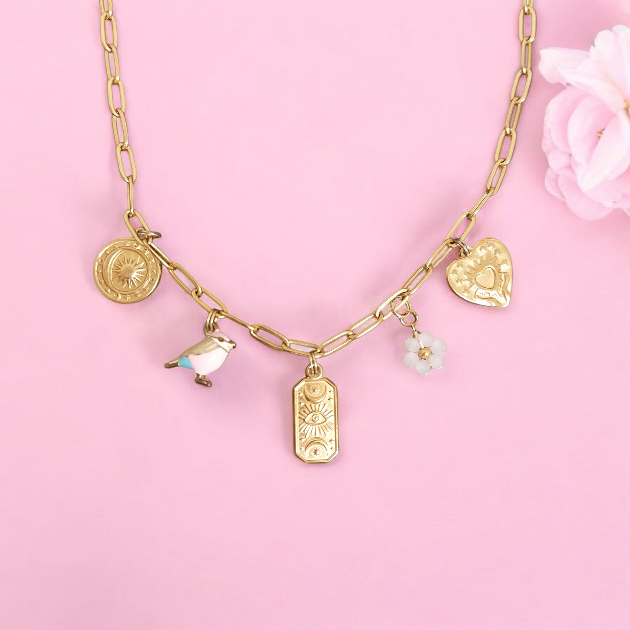 Collier en acier inoxydable - Charms soleil doré, oiseau rose, œil