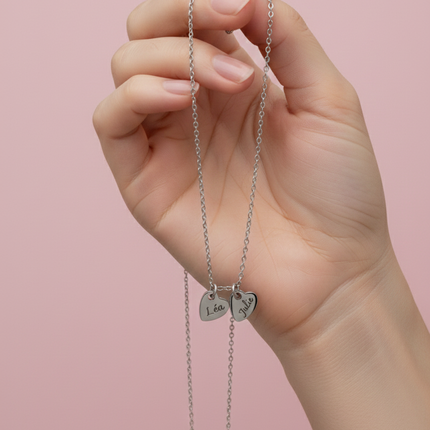 collier deux coeur argent suspendu