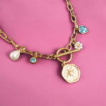 Collier en acier inoxydable - Charms perle blanche, diamant bleu, boussole