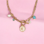 Collier en acier inoxydable - Charms perle blanche, diamant bleu, boussole