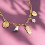 Collier en acier inoxydable - Charms soleil doré, oiseau rose, œil