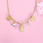 Collier en acier inoxydable - Charms soleil doré, oiseau rose, œil