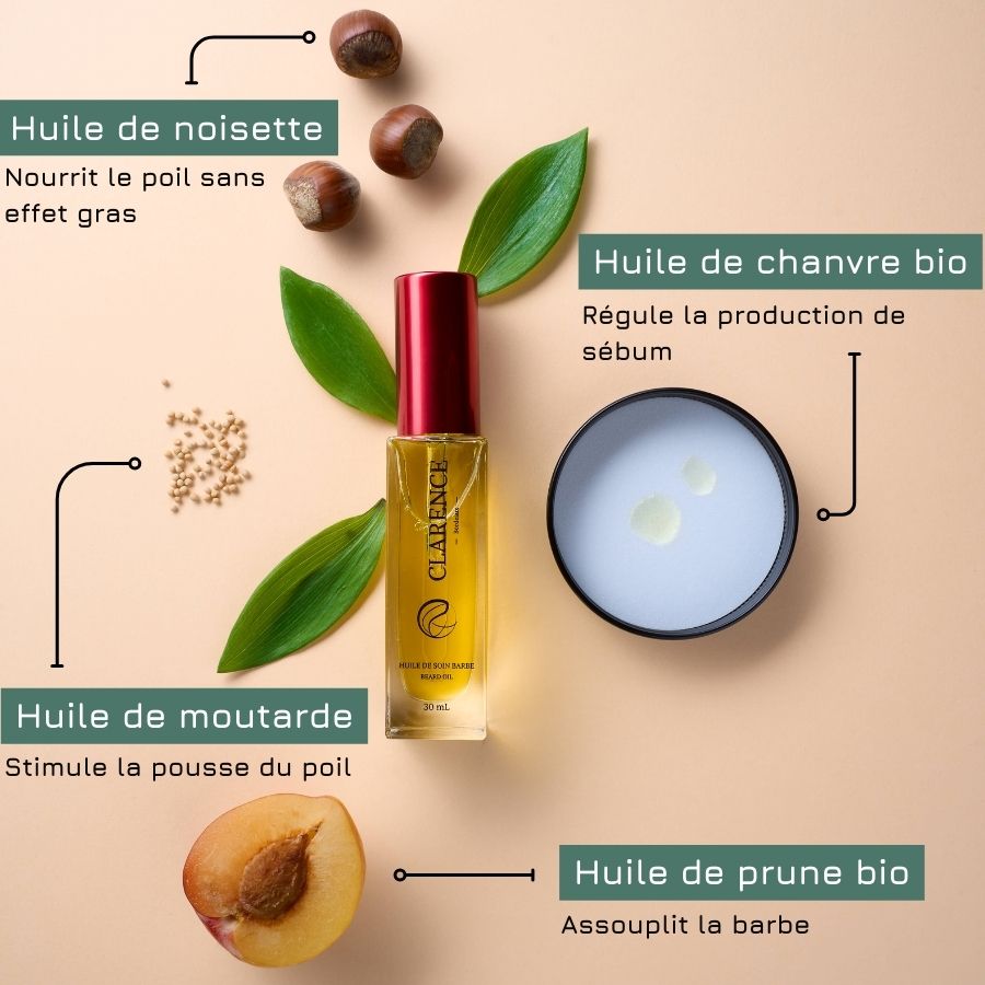 Huile barbe noisette moutarde chanvre prune francais Clarence Bordeaux