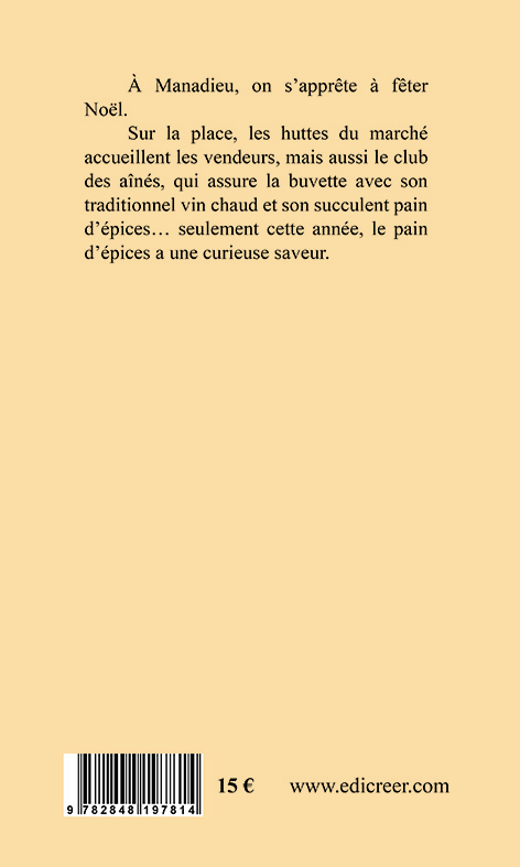 Dos de couverture du polar cosy Mortel pain dépices. Éd. Créer