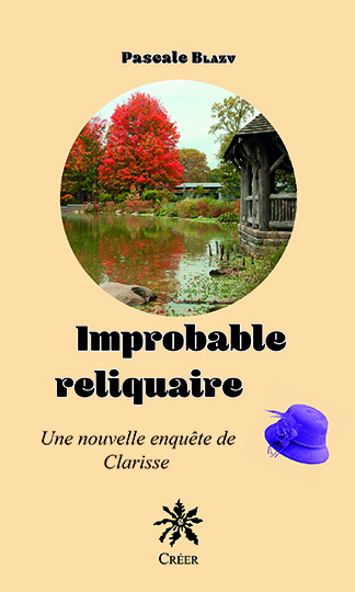 couverture du livre cosy crime Improbable reliquaire de Pascale Blazy - fond jaune crème avec un cercle illustré dun parc en automne