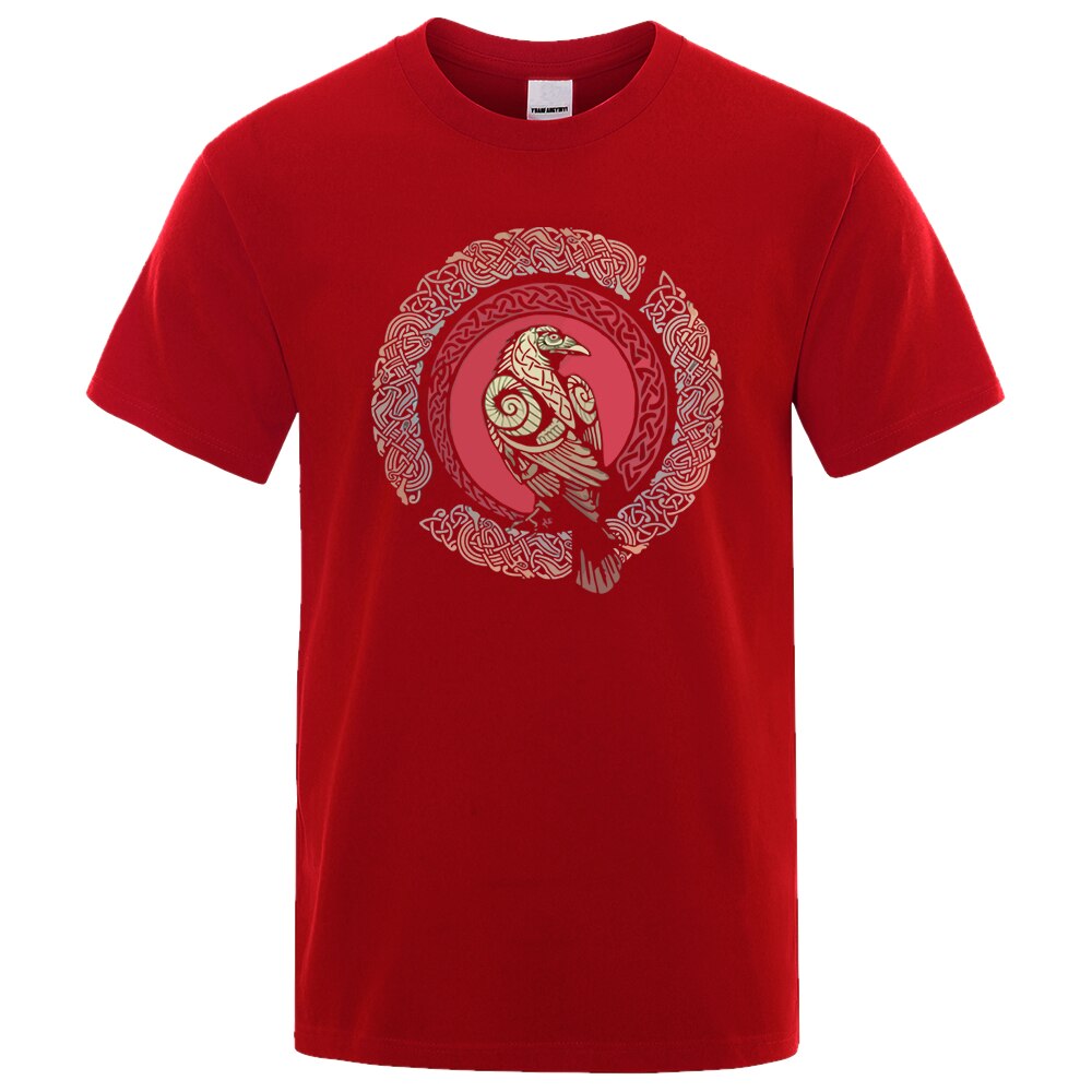 T-SHIRT ROUGE  IMPRESSION HUGINN ET MUNINN LES CORBEAUX D'ODIN