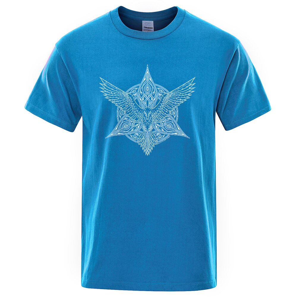 T-SHIRT BLEU LUMIERE IMPRESSION BLANCHE ROSACE CORBEAU ODIN