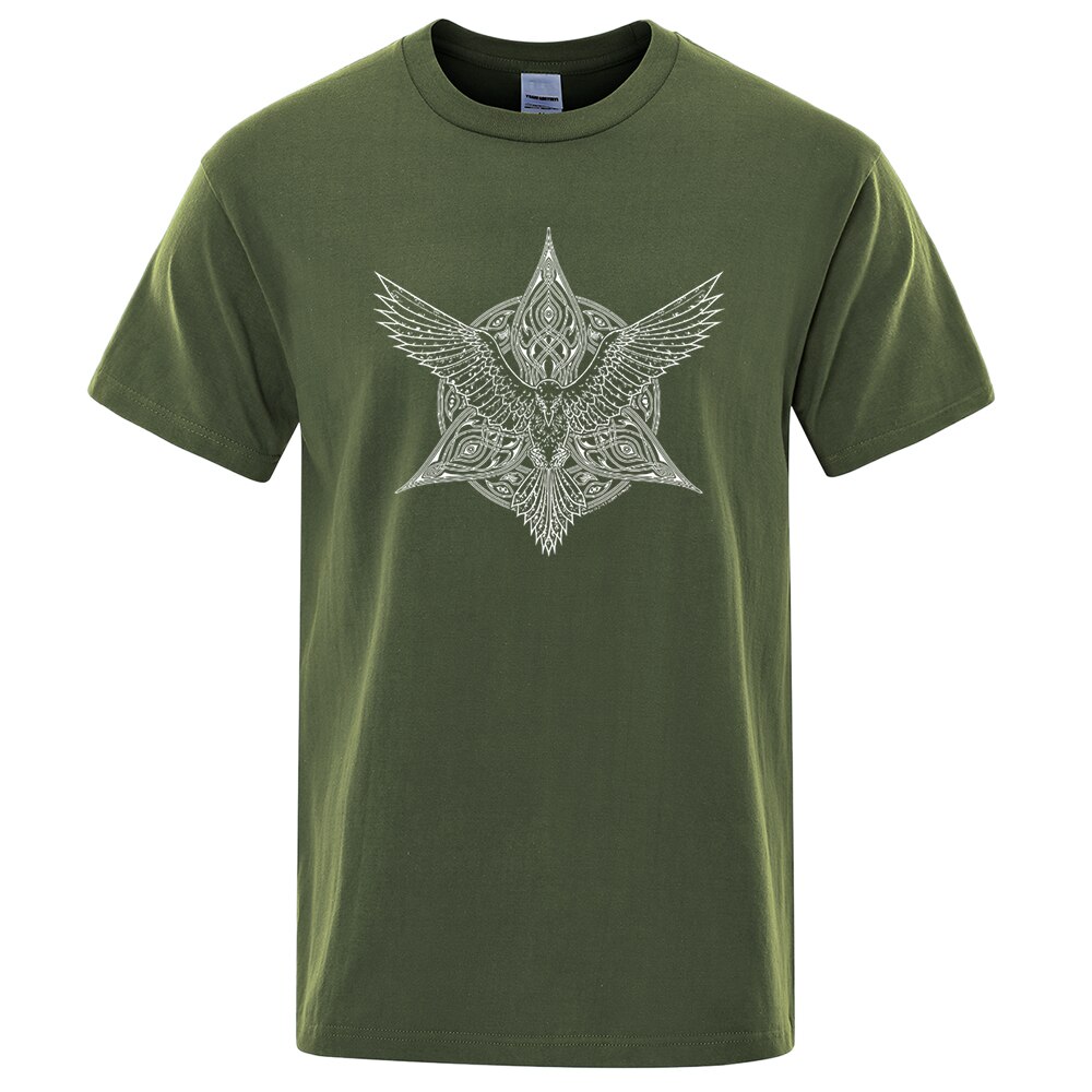 T-SHIRT VERT KAKI IMPRESSION BLANCHE ROSACE CORBEAU ODIN