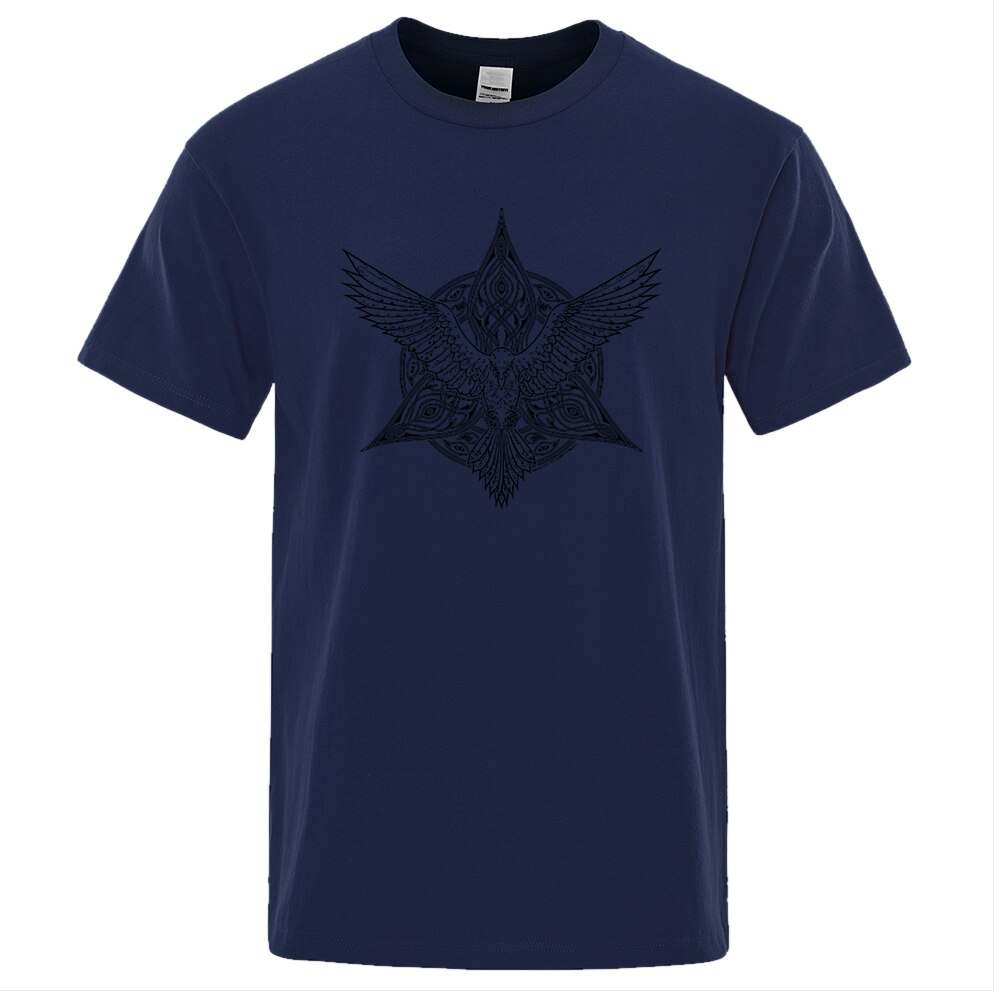 T-SHIRT BLEU NUIT IMPRESSION NOIRE ROSACE CORBEAU ODIN