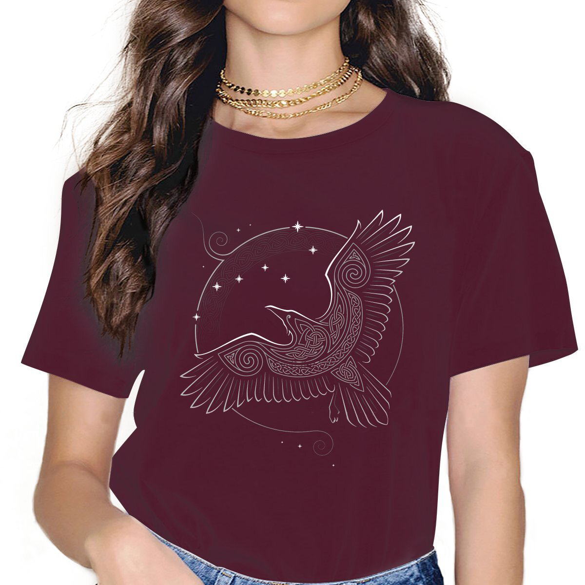 T-SHIRT BORDEAUX IMPRESSION CORBEAU VIKING POUR FEMME