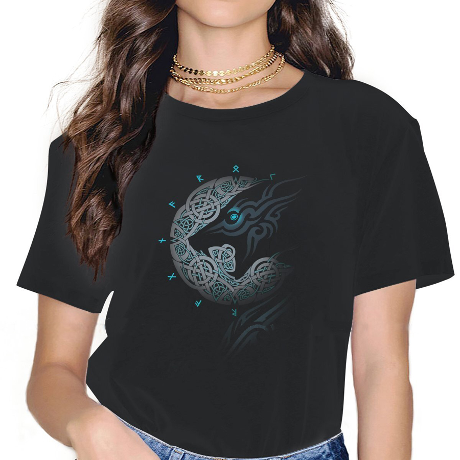 T-SHIRT NOIR IMPRESSION LOUP ODIN FENRIR POUR FEMME