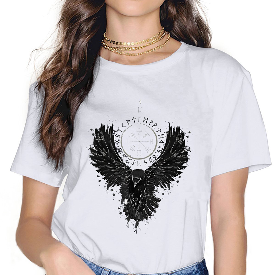 T-SHIRT VIKING BLANC IMPRESSION VALHALLA RAVENS VEGVISIR POUR FEMME