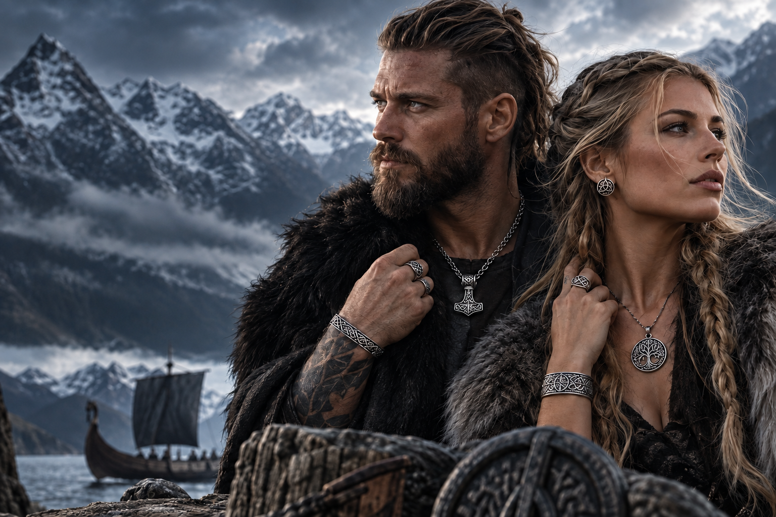 Homme et femme portant des bijoux Viking dans un décor nordique avec fjord et montagnes