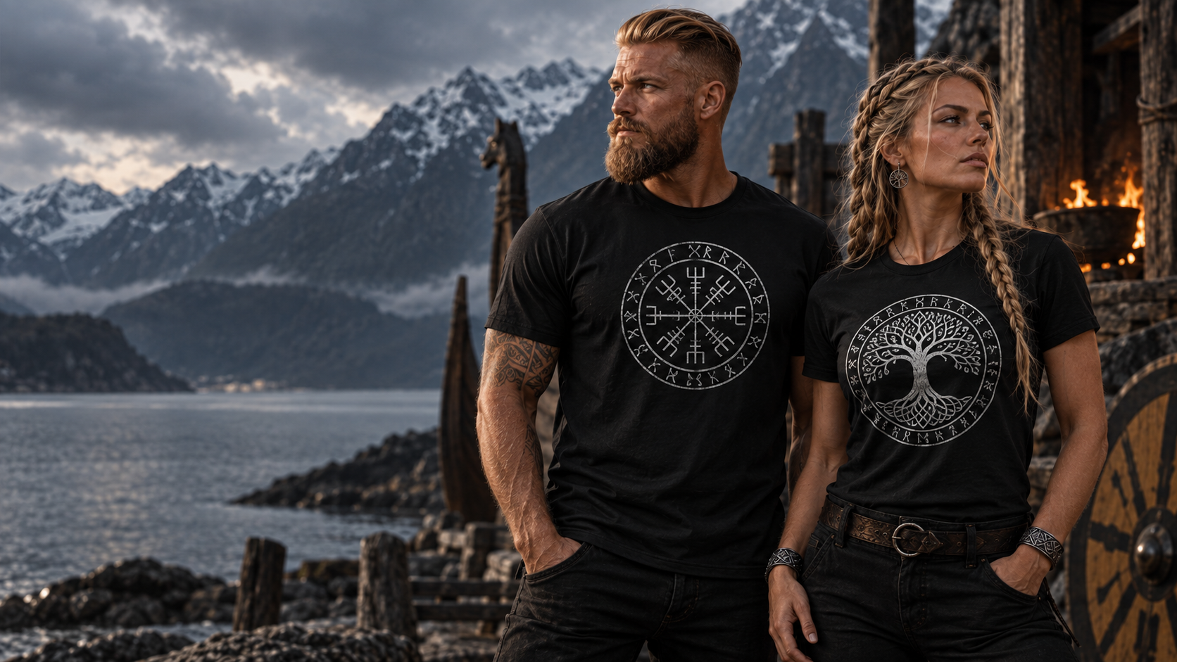 Homme et femme portant des T-shirts Viking noirs à motifs nordiques dans un décor de fjord et montagnes enneigées