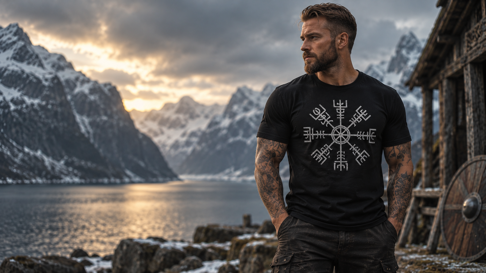 Homme portant un T-shirt Viking noir à motif nordique devant un fjord et des montagnes enneigées