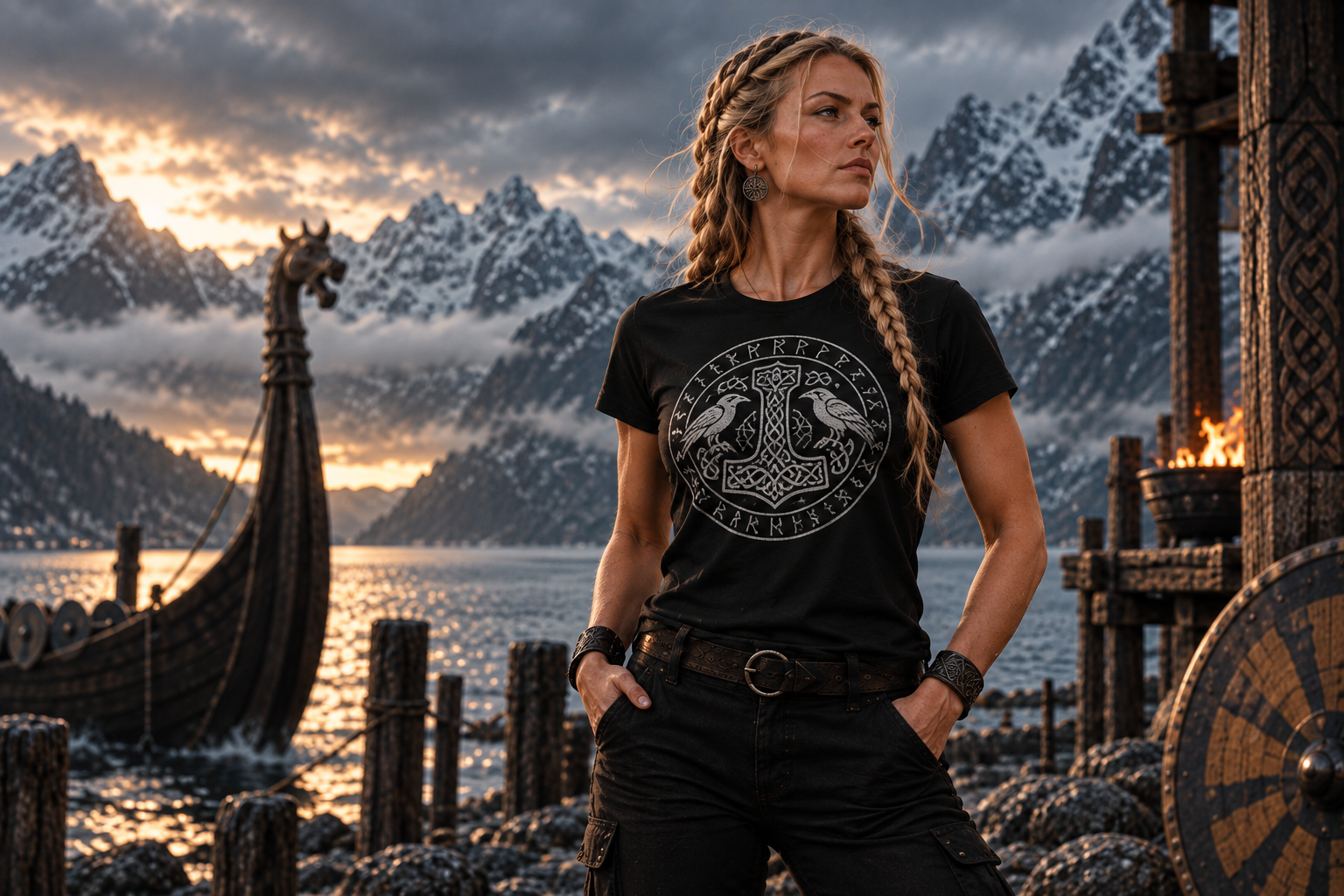 Femme portant un T-shirt Viking noir à motif nordique devant un fjord et des montagnes enneigées