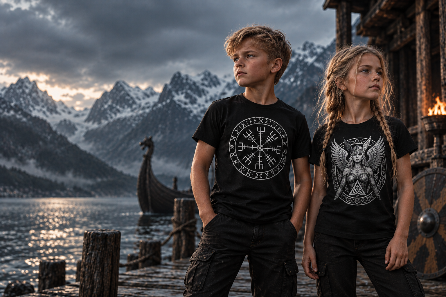 Garçon et fille portant des T-shirts Viking noirs à motifs nordiques devant un fjord et des montagnes enneigées