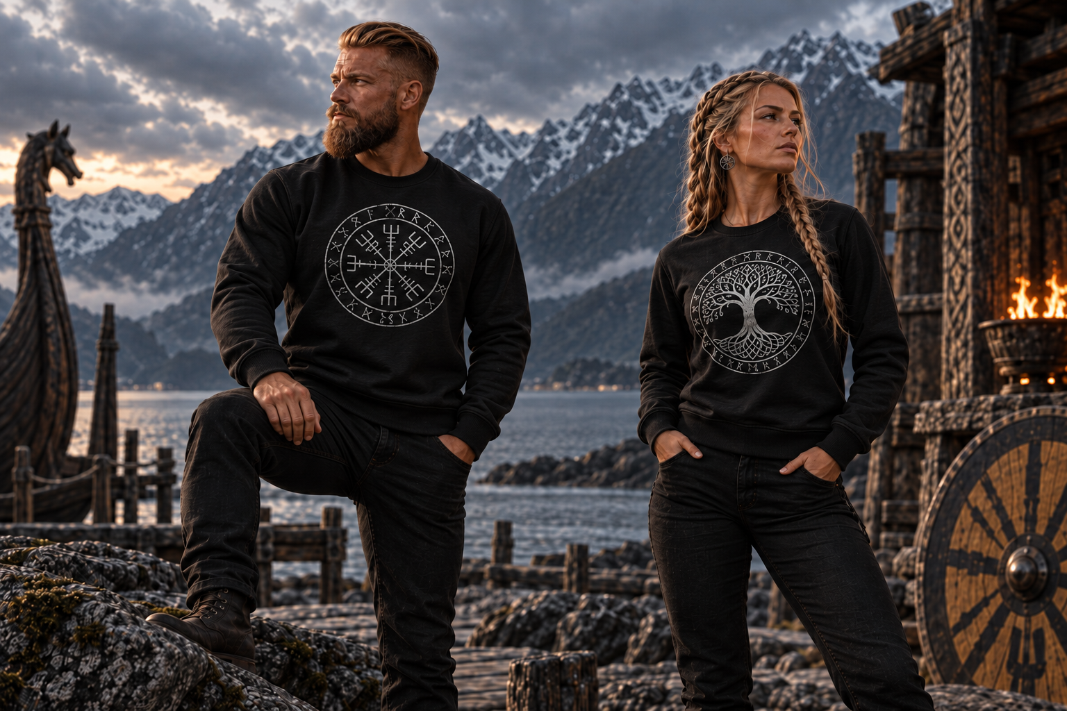 Homme et femme portant des sweat-shirts Viking noirs à motifs nordiques devant un fjord et des montagnes enneigées