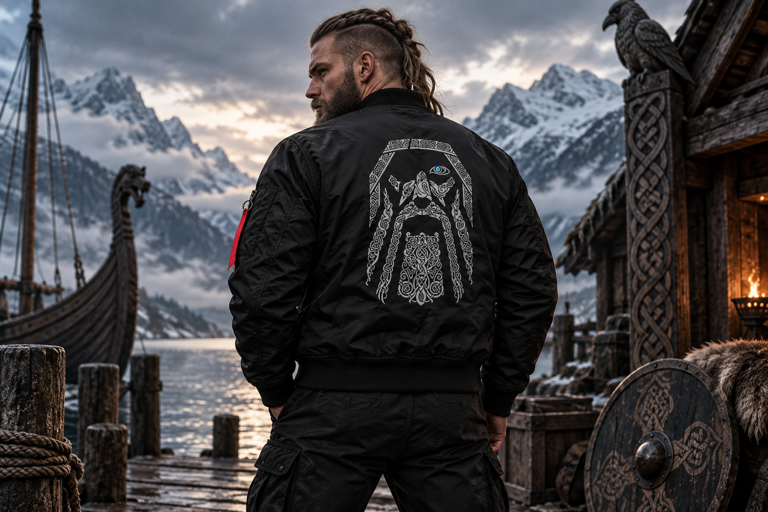 Homme portant un bomber Viking noir à motif d’Odin dans un décor nordique avec fjord et montagnes enneigées