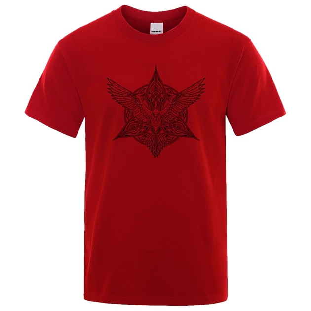 T Shirt Rouge Impression Noire Rosace Corbeau Odin T Shirt Viking Hommet Shirt Corbeau Odin