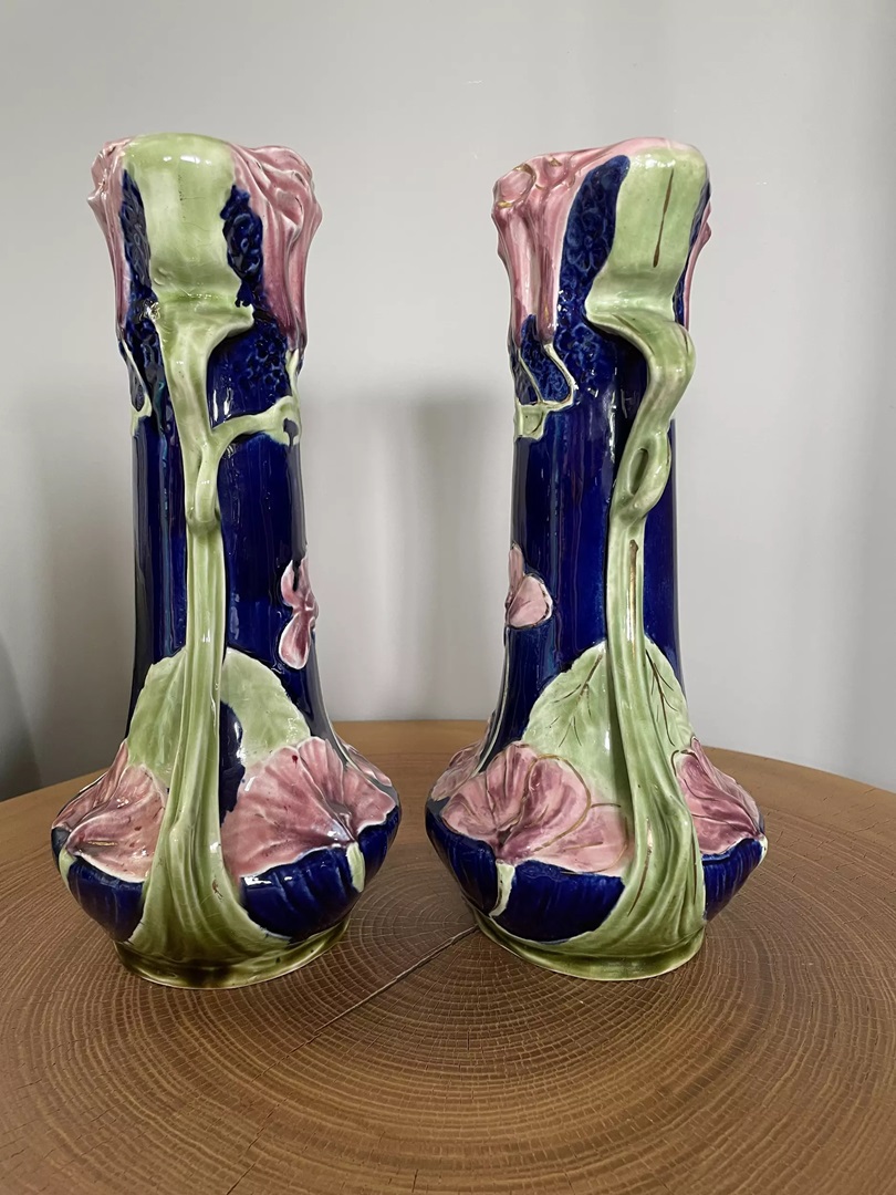 vase bleu art nouveau barbotine - galerie georgette - specialiste art nouveau