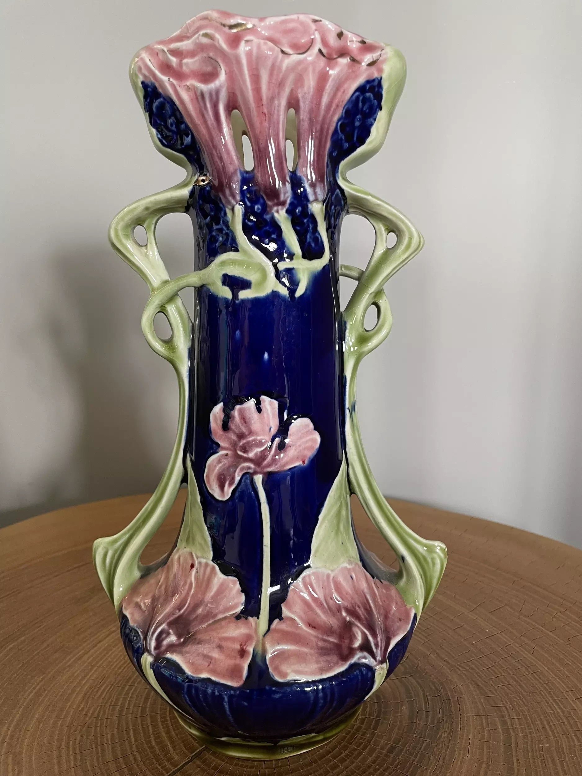 vase art nouveau barbotine bleue roi - galerie georgette - specialiste art nouveau