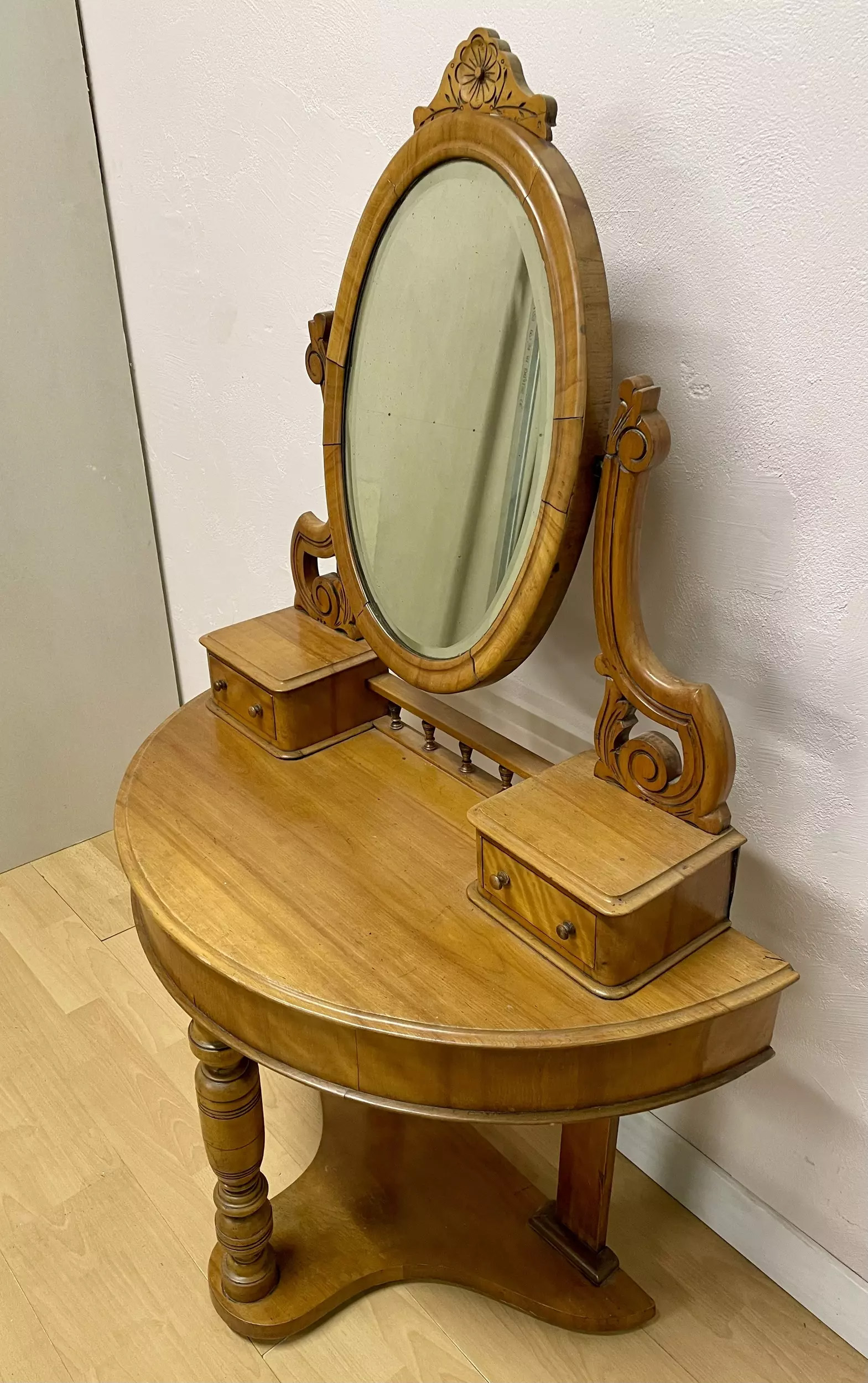 Coiffeuse anglaise miroir central deux tiroirs plateau circulaire - Galerie Georgette