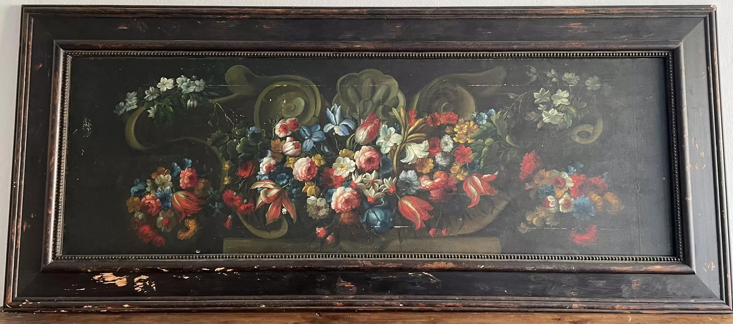 Tableau Ecole Flamande 2 mètres - Guirlande de fleurs - Galerie Georgette