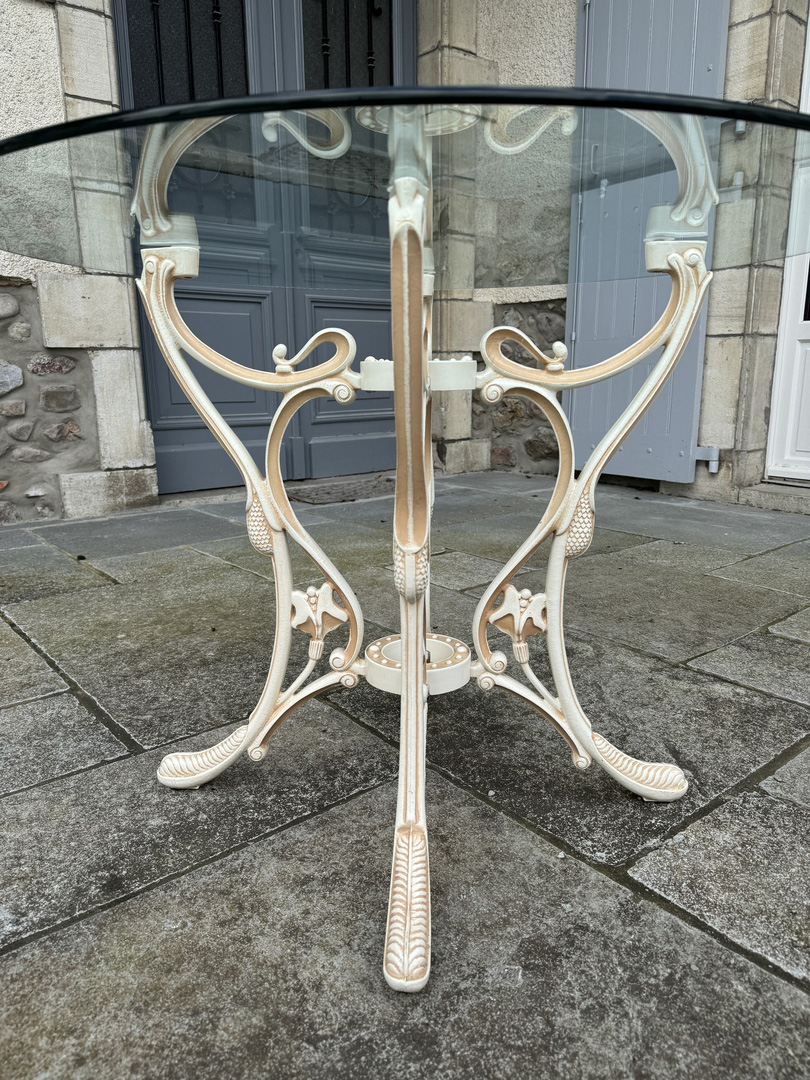 Salon de Jardin Art Nouveau table ronde plateau verre fonte de fer - Galerie Georgette