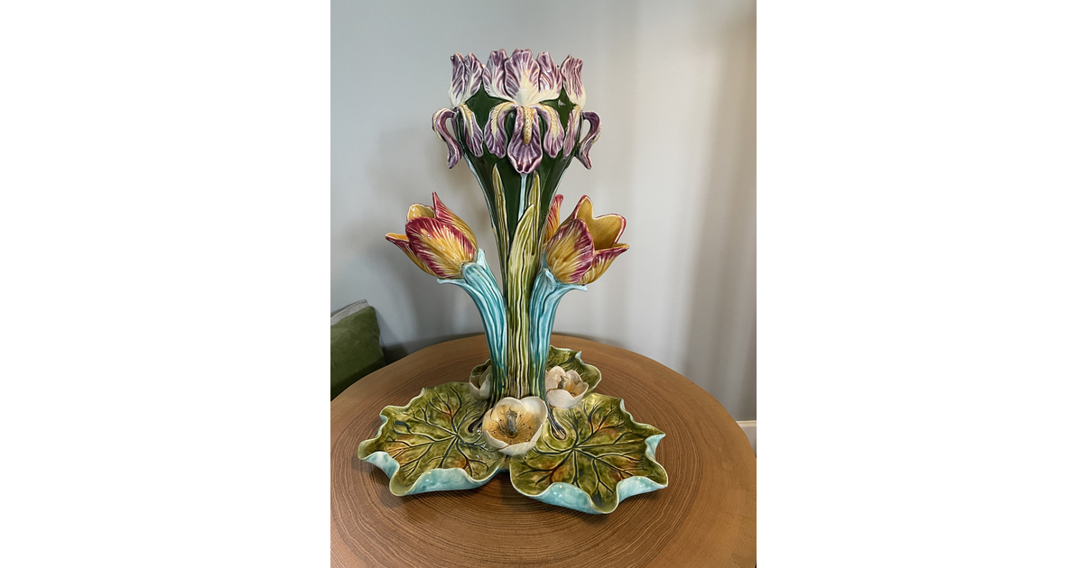 Centre de table en céramique, Décor fleurs oiseaux en
