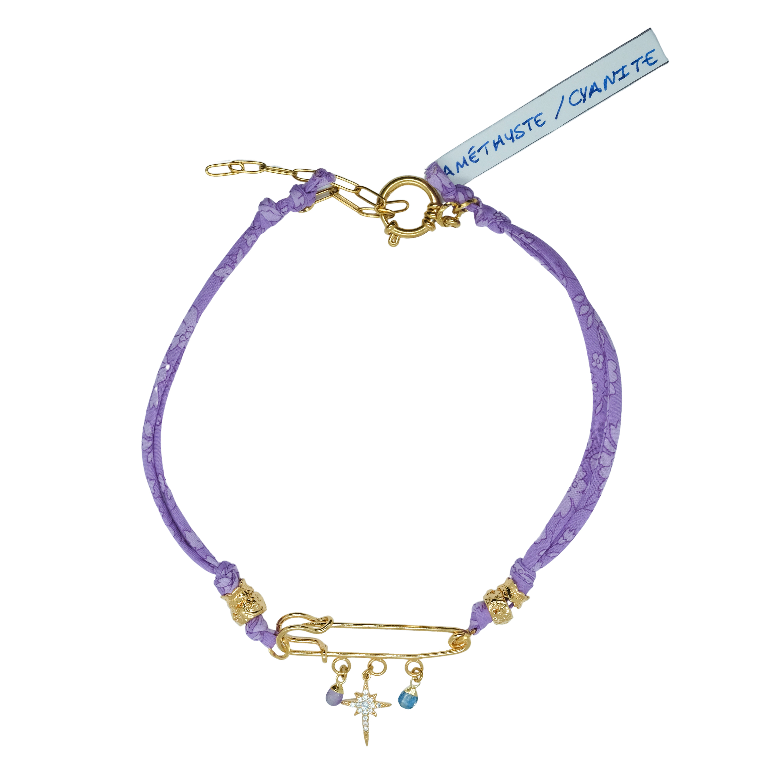 COLLIER SAFETY PINS  AMETHYSTE CYANITE