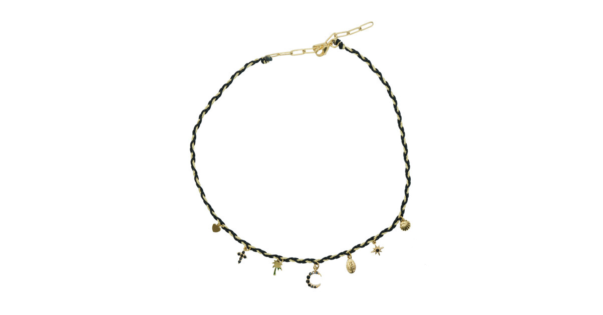Collier émaillé Noir Et Doré - Cordelette Noire, Fermoir Coulissant Argenté, Neuf Avec étiquettes