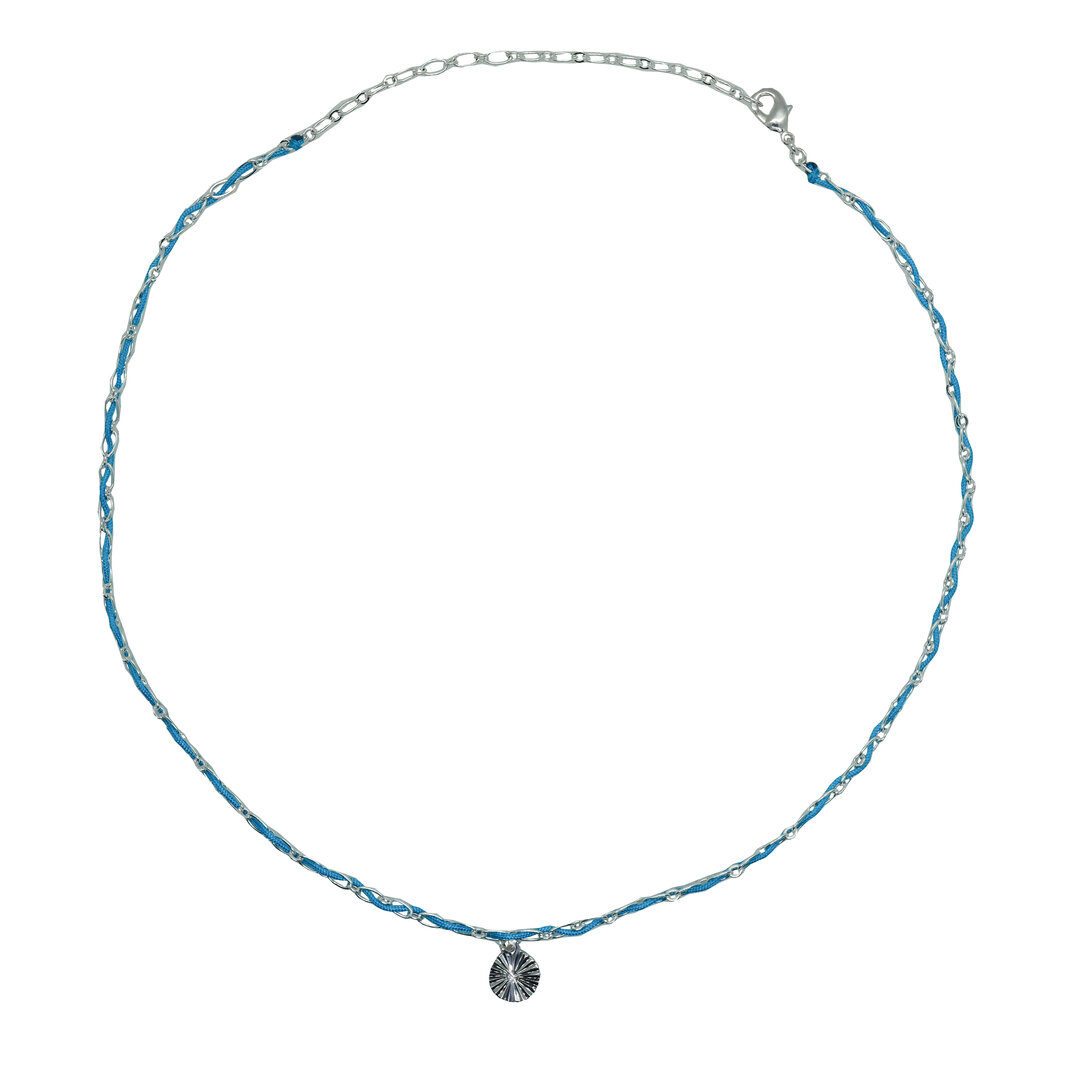 Collier Vintage Signé "Entre Guillemets" - Pendentif Émaillé Bleu Vert - Plaqué Argent - TB État