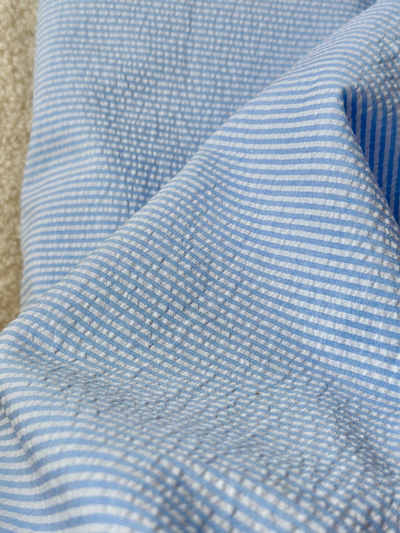 Tissu Seersucker coton rayé Bleu Ciel