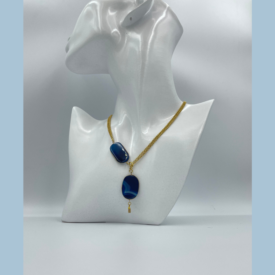 Collier à anneau coulissant - Agate bleue