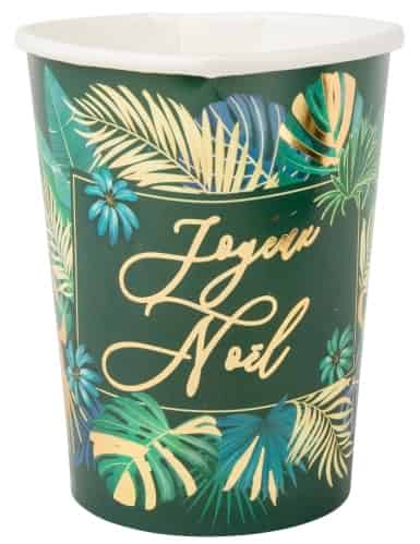 8 Gobelets cartons jungle Joyeux Noël vert et or 255 ml