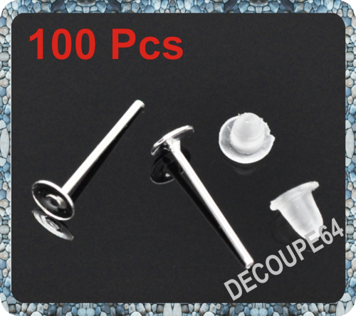 Lot de 100 Clous Plateaux 4mm fimo supports  Boucles d\'oreilles + Embout